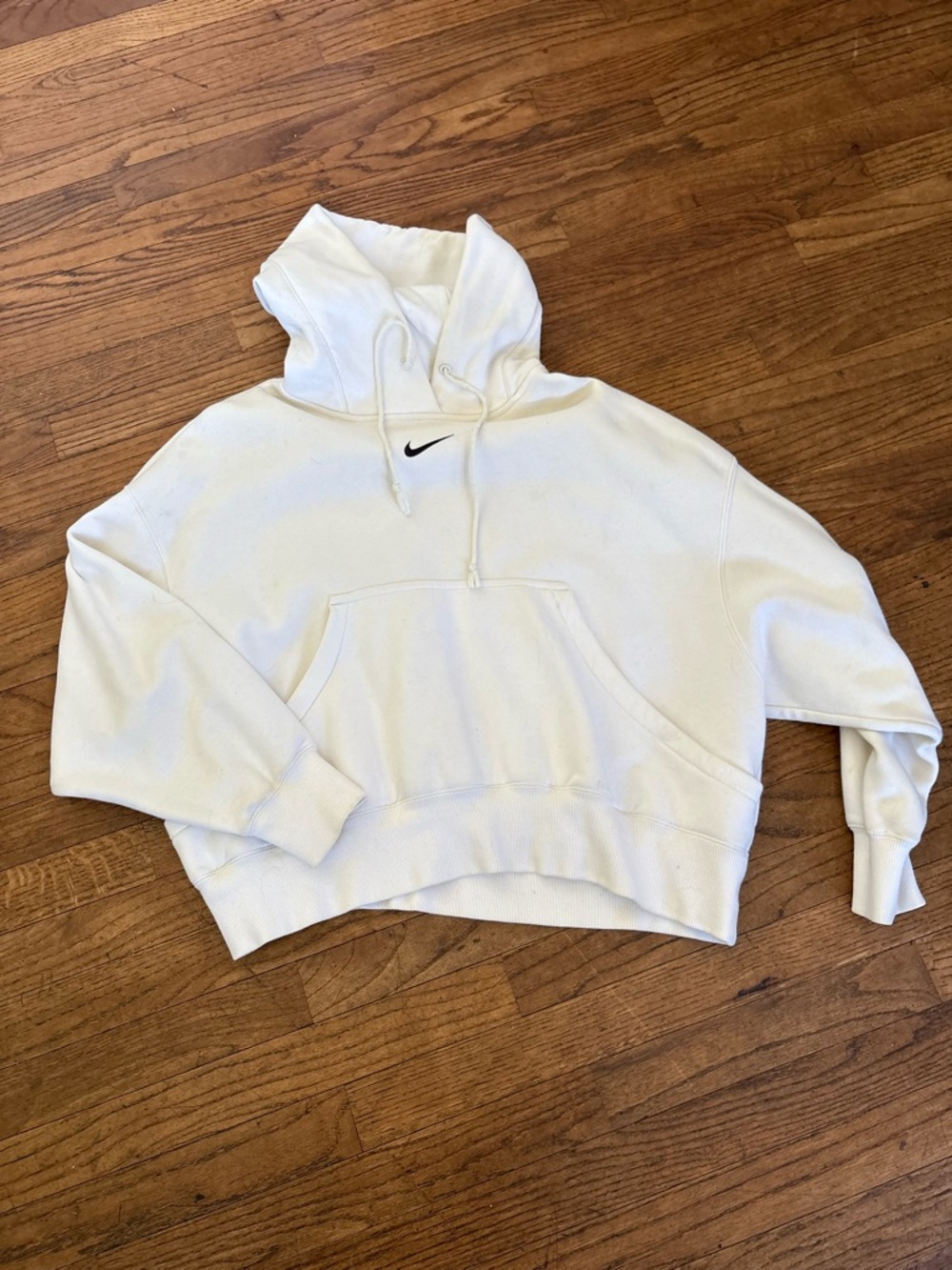 Nike White Oversized Cropped Hoodie with Black Swoosh